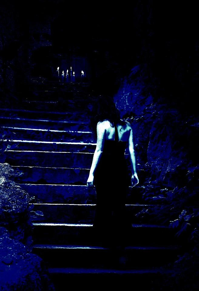 Back view of a mysterious woman in a black gown, descending a shadowy stone staircase lit by flickering candles in the distance.