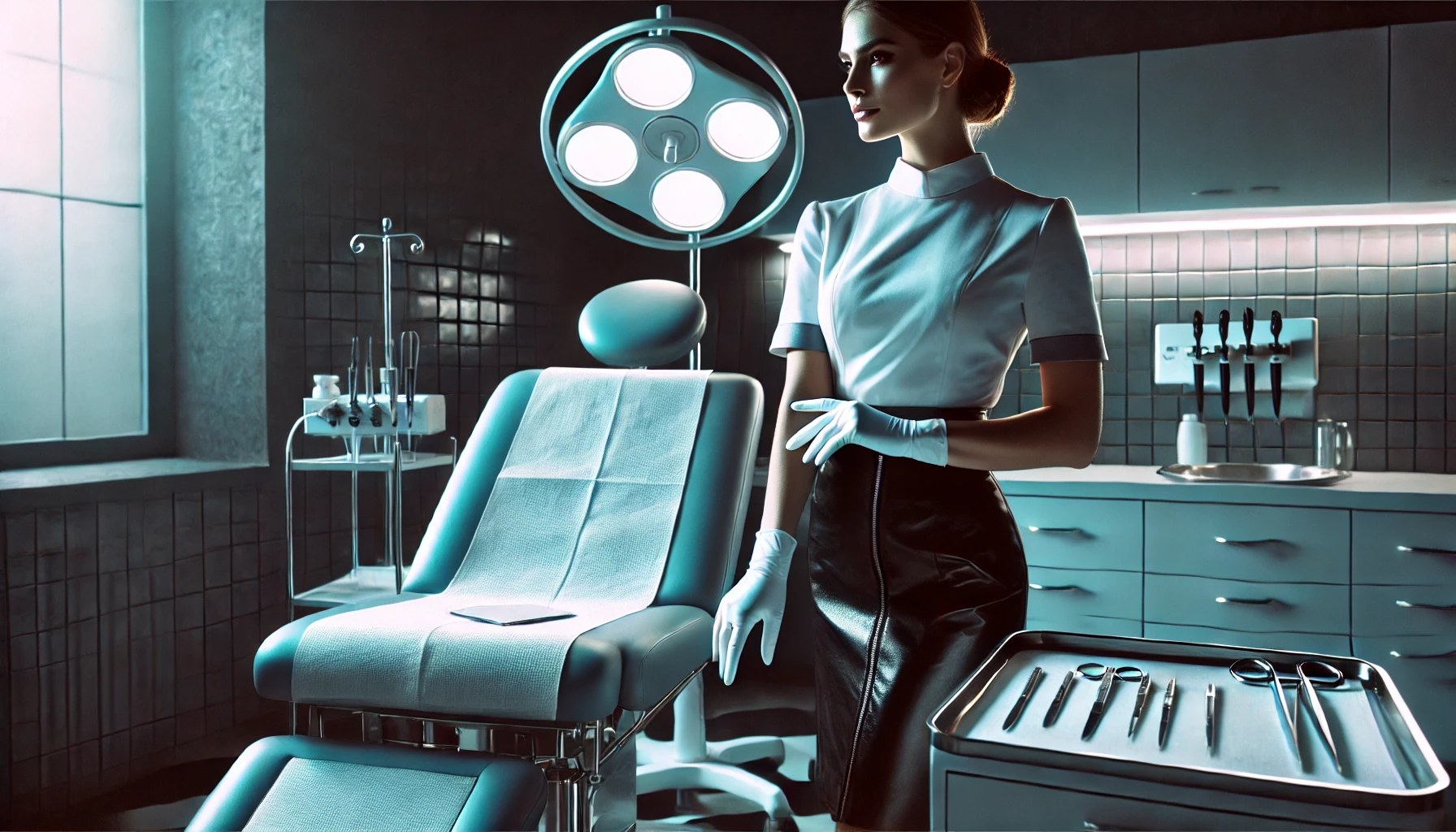 A confident nurse in a sleek uniform stands in a dimly lit clinical room, wearing latex gloves and holding a clipboard beside an examination table.