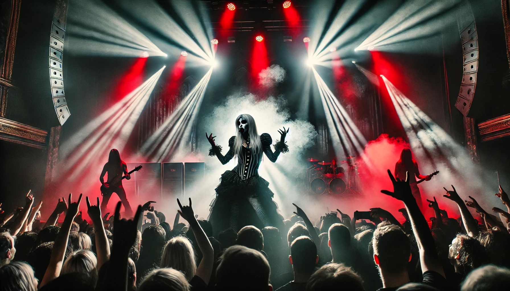 live on stage, bathed in red and white spotlights, surrounded by smoke and an intense crowd, capturing the band’s provocative energy.