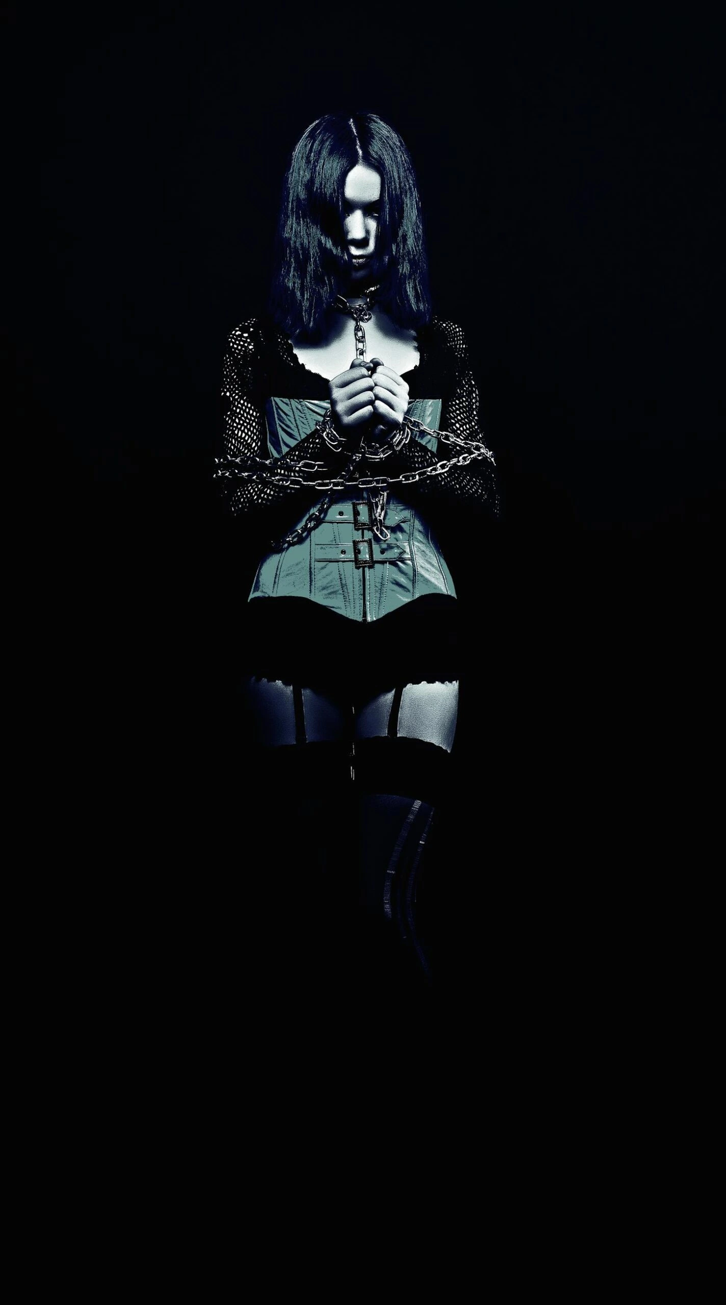 Dark gothic figure in a green corset top, bound in metal chains, exuding eerie and powerful energy.