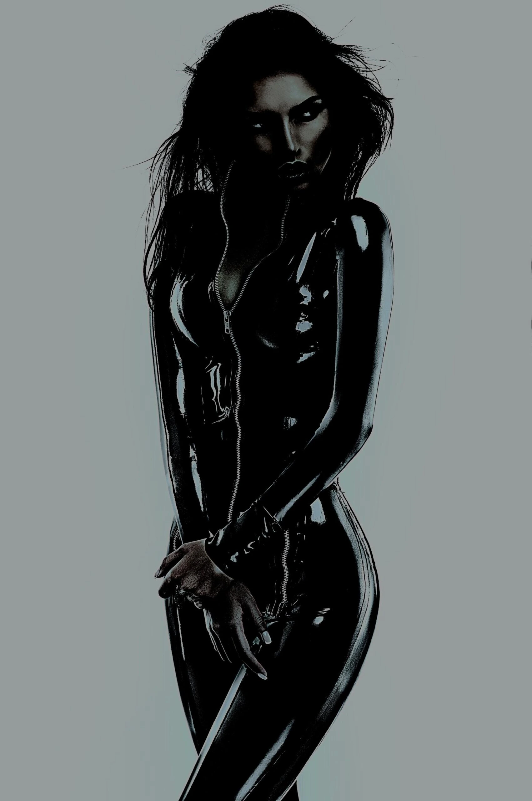 Mysterious woman in a black latex bodysuit with tousled hair, exuding dark and seductive energy.