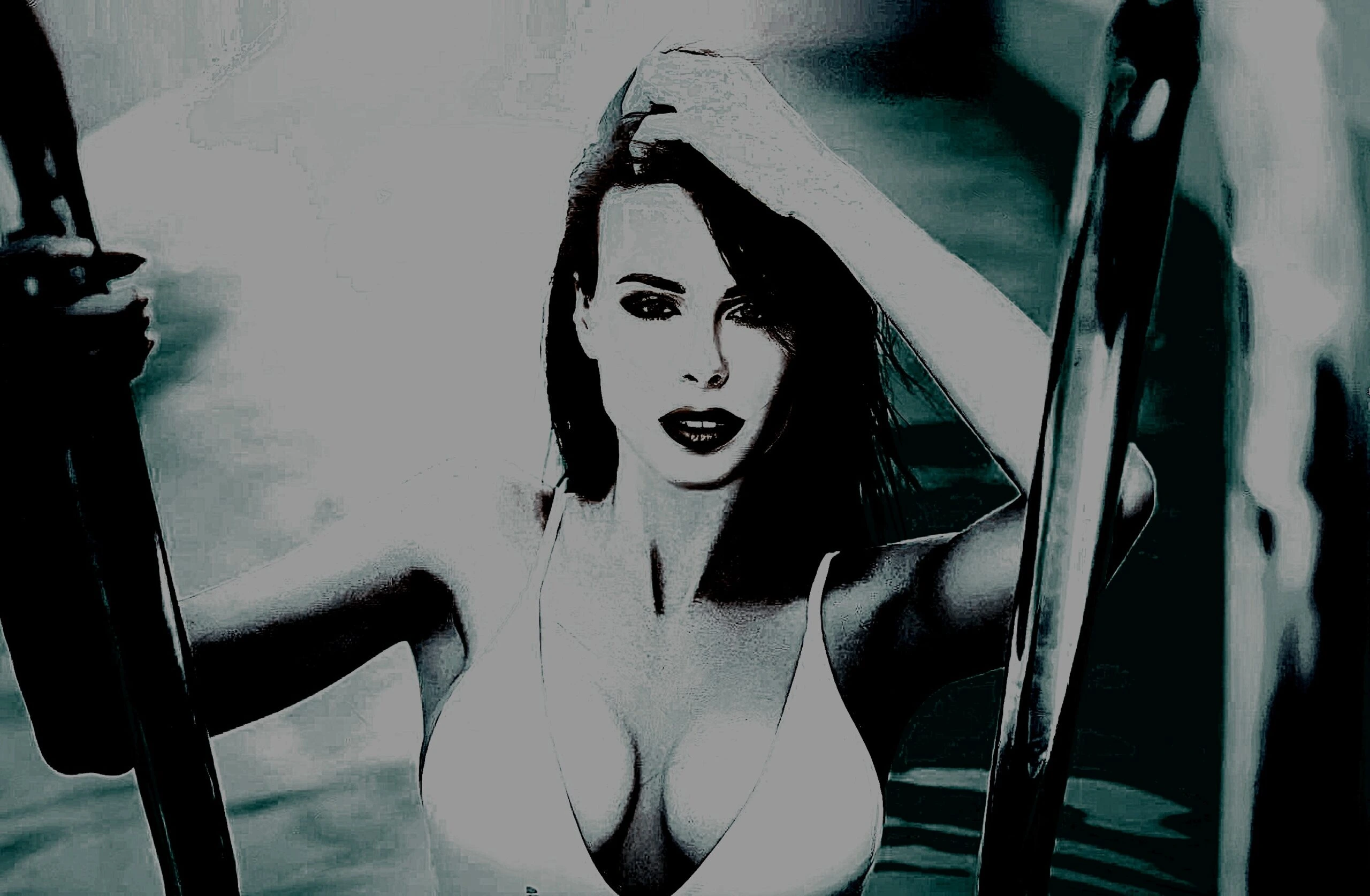 A woman emerging from a pool, her dark hair slicked back and wearing a white bikini, looking boldly at the camera.