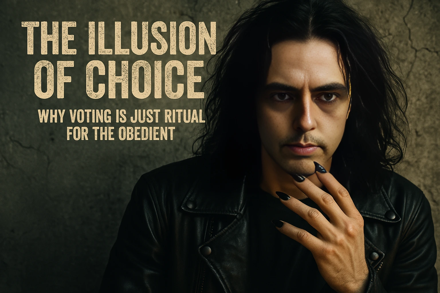Xavi poses in a black leather jacket against a cracked concrete wall with the words &ldquo;The Illusion of Choice &ndash; Why Voting Is Just Ritual for the Obedient.&rdquo;
