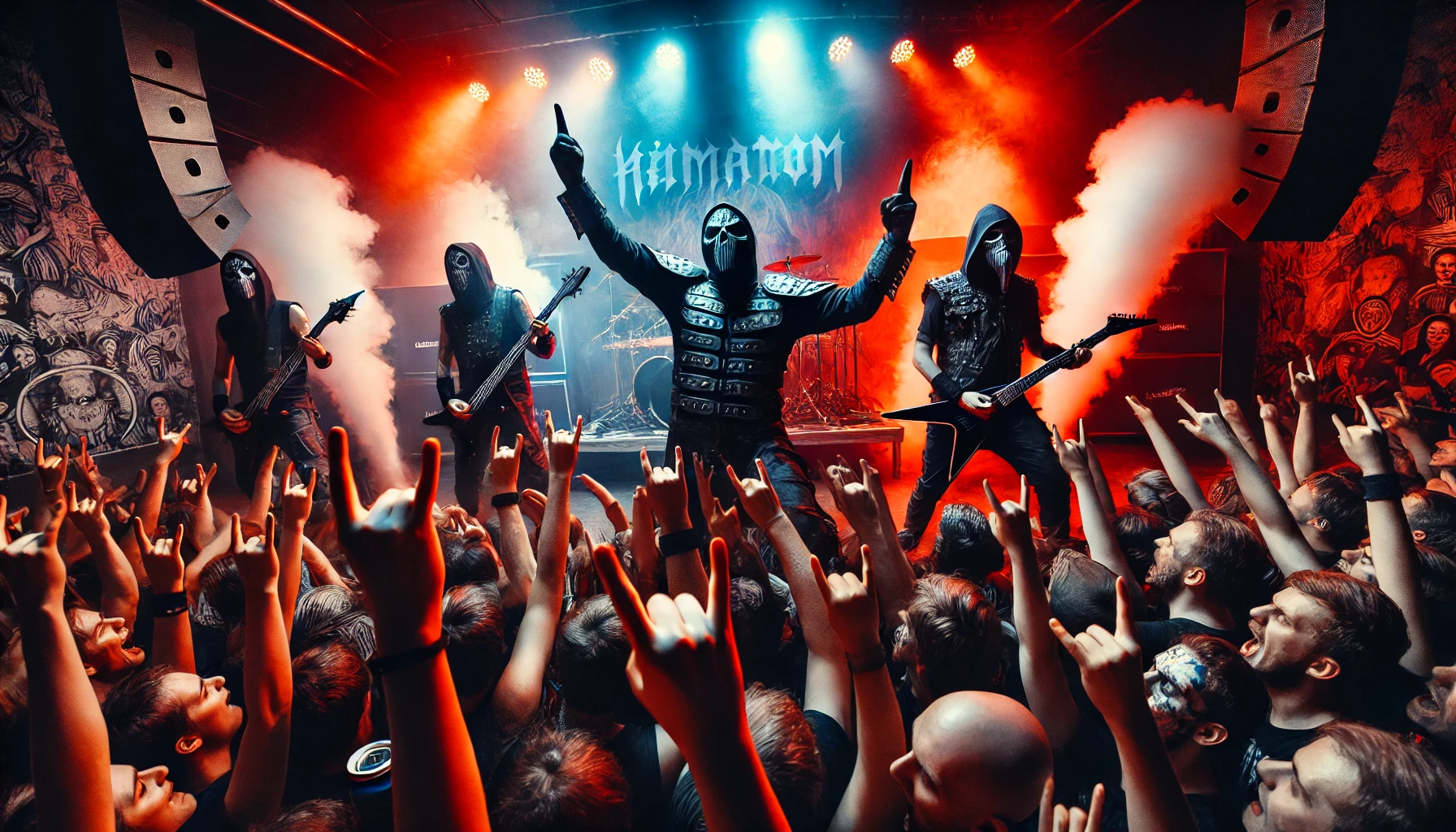 A high-energy metal concert featuring the German band Hämatom. The masked band members perform under dramatic stage lighting with smoke, pyrotechnics, and an electrified crowd raising fists and beers in rebellion.