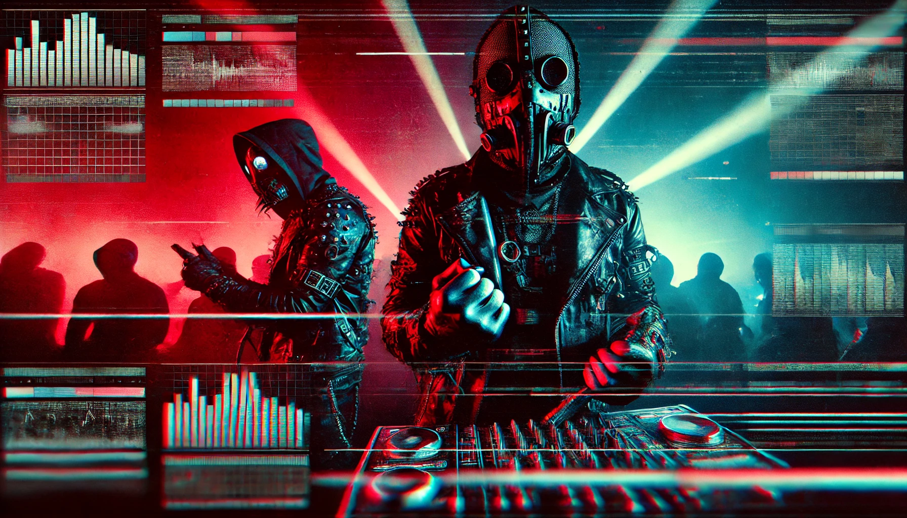 Cyberpunk-inspired scene of two masked musicians performing in intense red and blue lighting, embodying the aggressive aesthetics of electro-industrial music.
