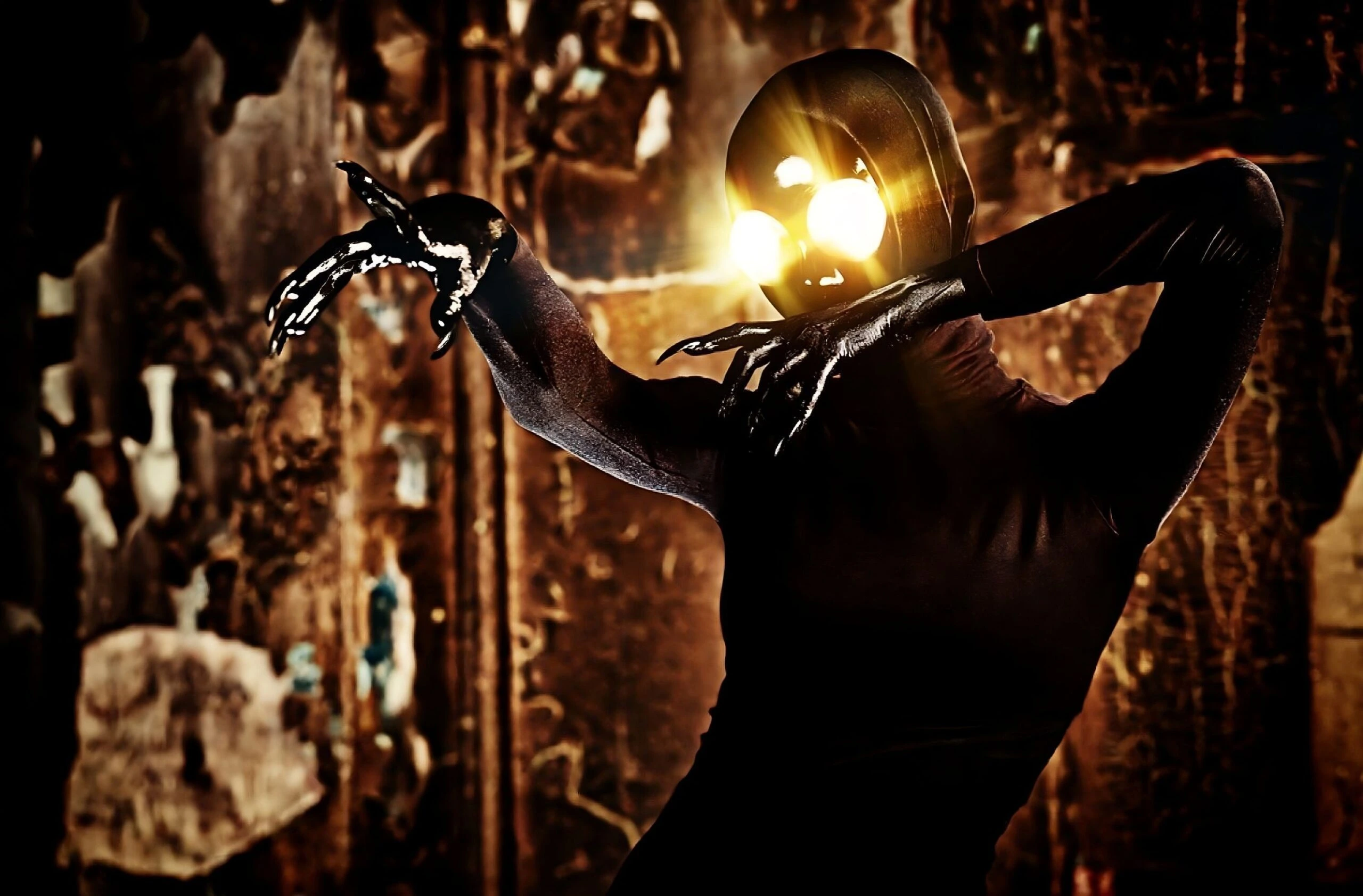 Mysterious creature with glowing yellow eyes and black claws in decayed surroundings