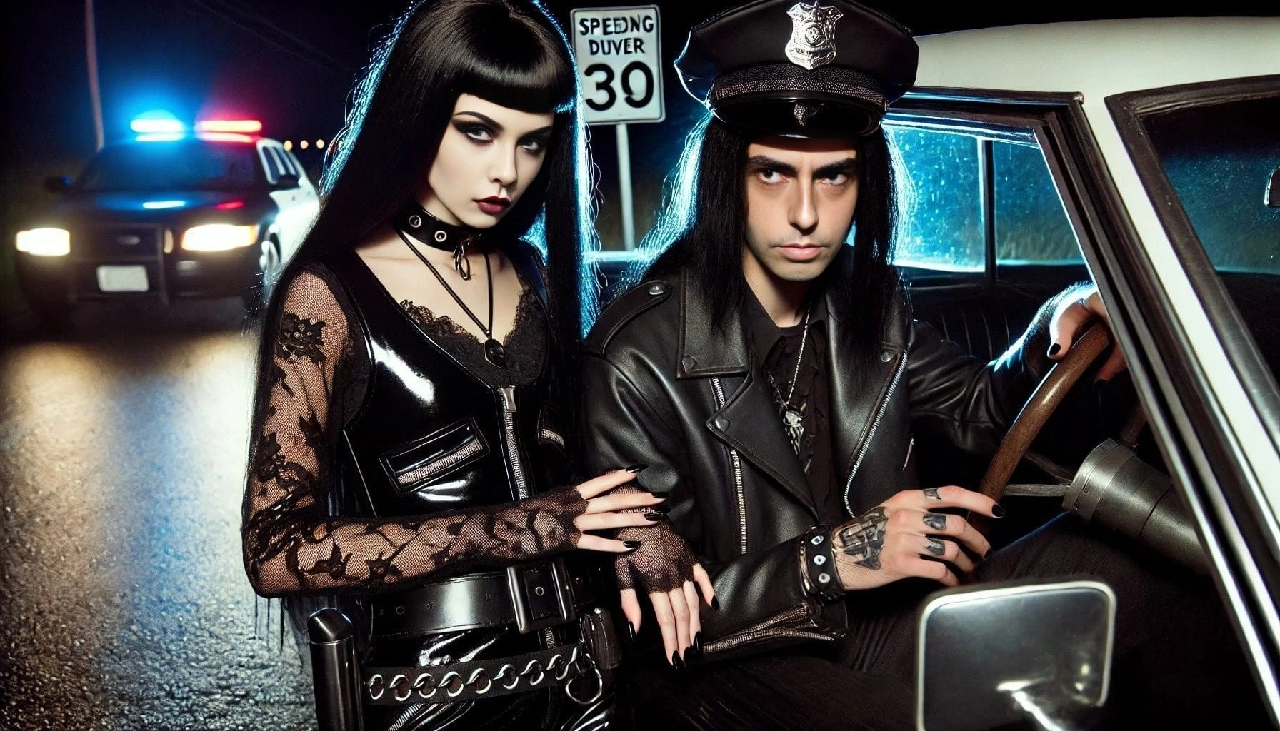 A gothic couple in leather and lace posing beside a police car under glowing red and blue lights, with a speeding sign in the background.