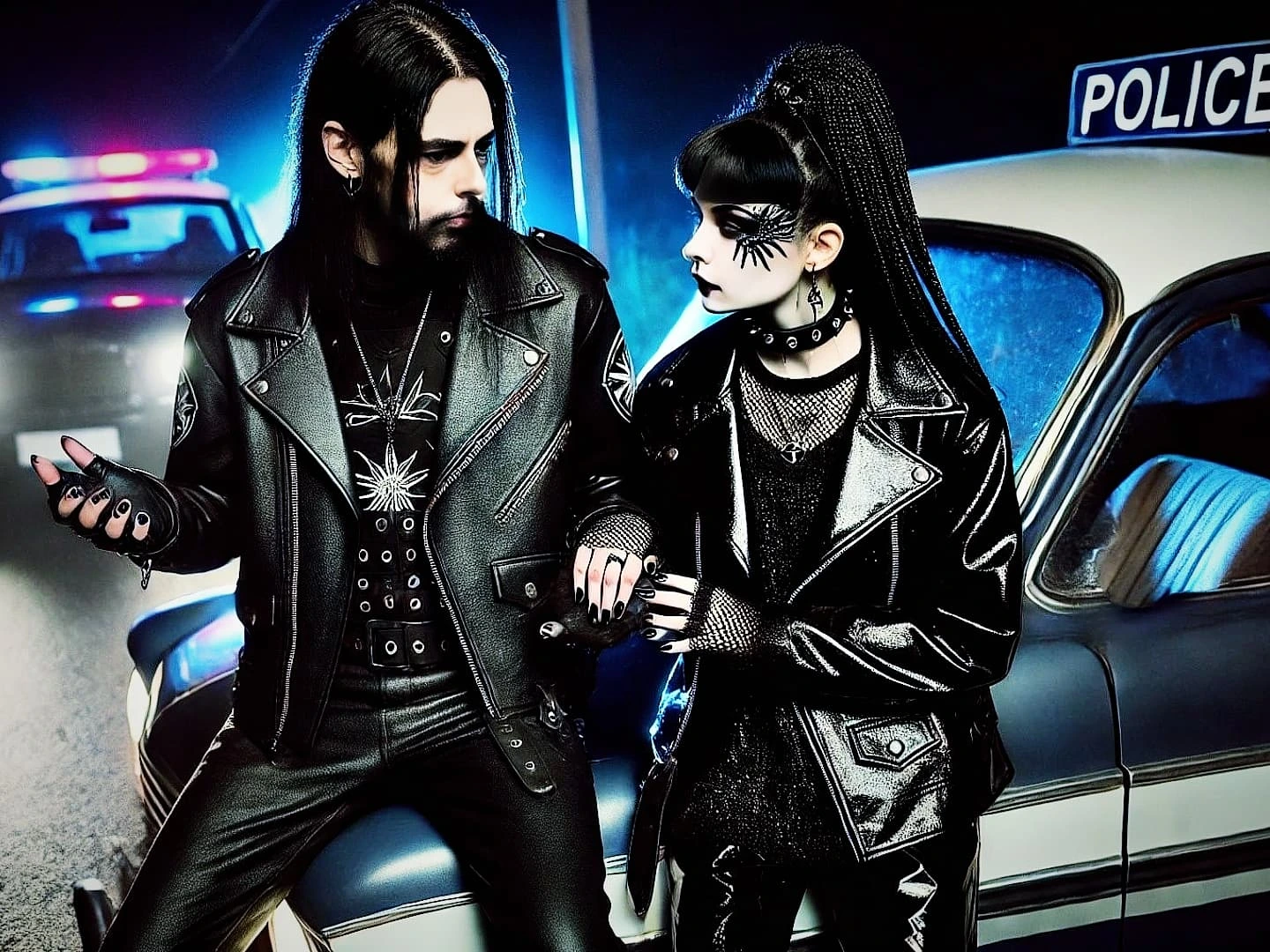 A goth man in a leather jacket and a goth woman in braided hair and a leather trench coat, standing near a vintage police car at night.