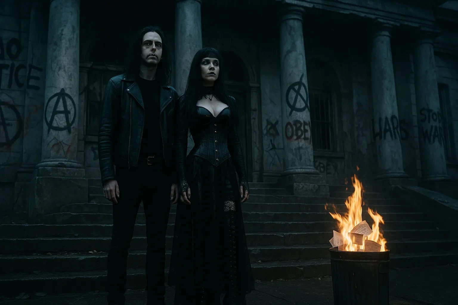Xavi and Lina stand defiantly on the steps of a graffiti-covered government building as burning ballots blaze in a metal barrel beside them.