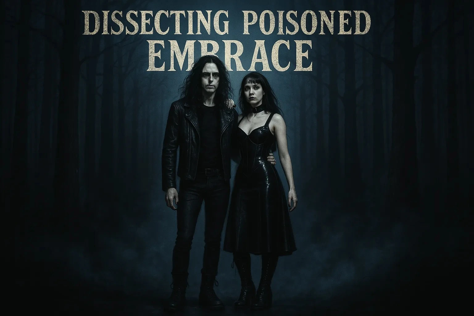 Xavi and Lina stand together in a dark forest under moonlight, dressed in black leather and PVC, with the text “Dissecting Poisoned Embrace” above them.