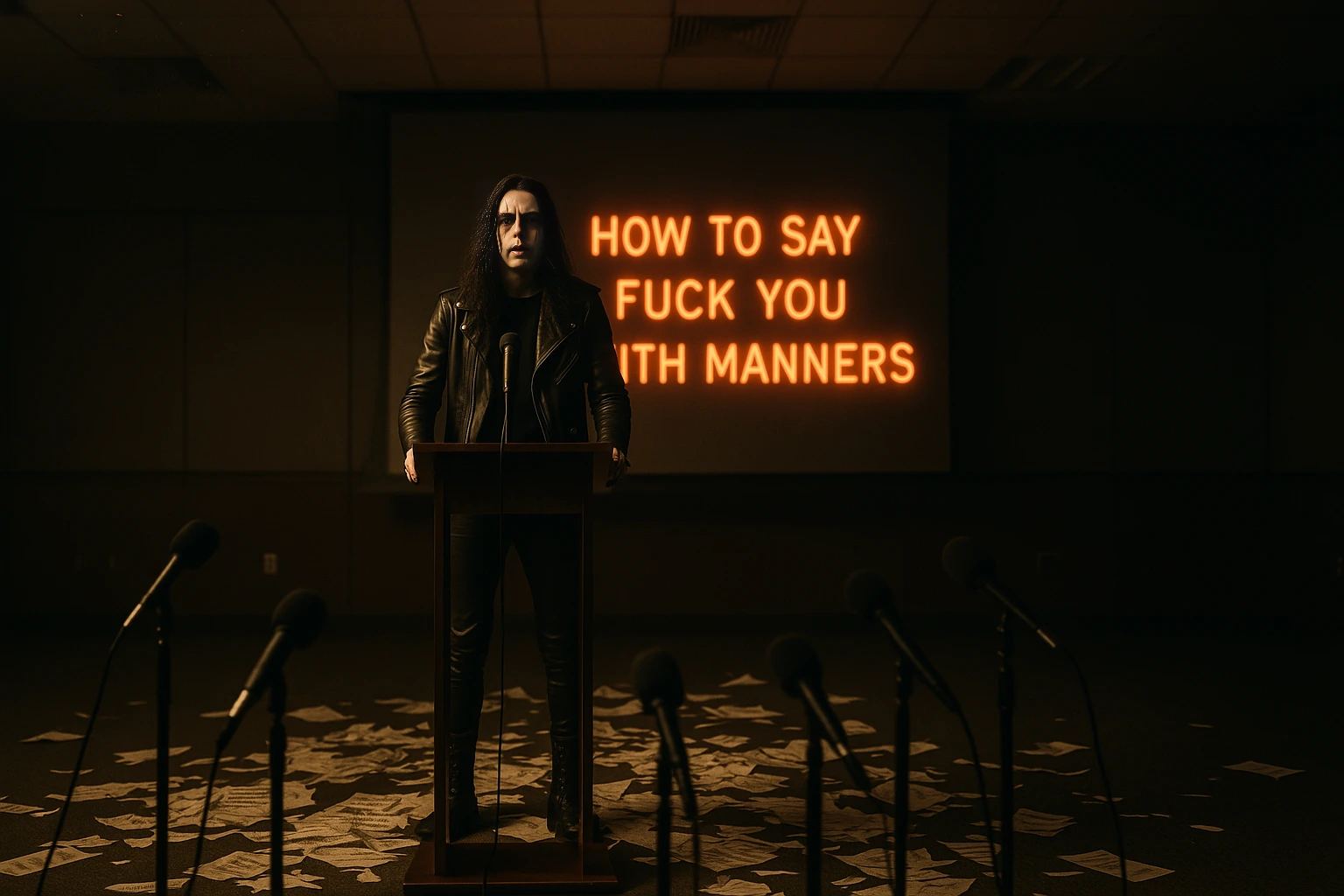Gothic metal vocalist giving a rebellious press conference with “How to Say Fuck You with Manners” glowing behind him, surrounded by microphones and scattered papers.