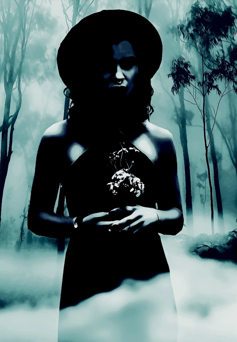 Silhouetted figure of a woman holding flowers in a misty forest, evoking dark fantasy and mystery.