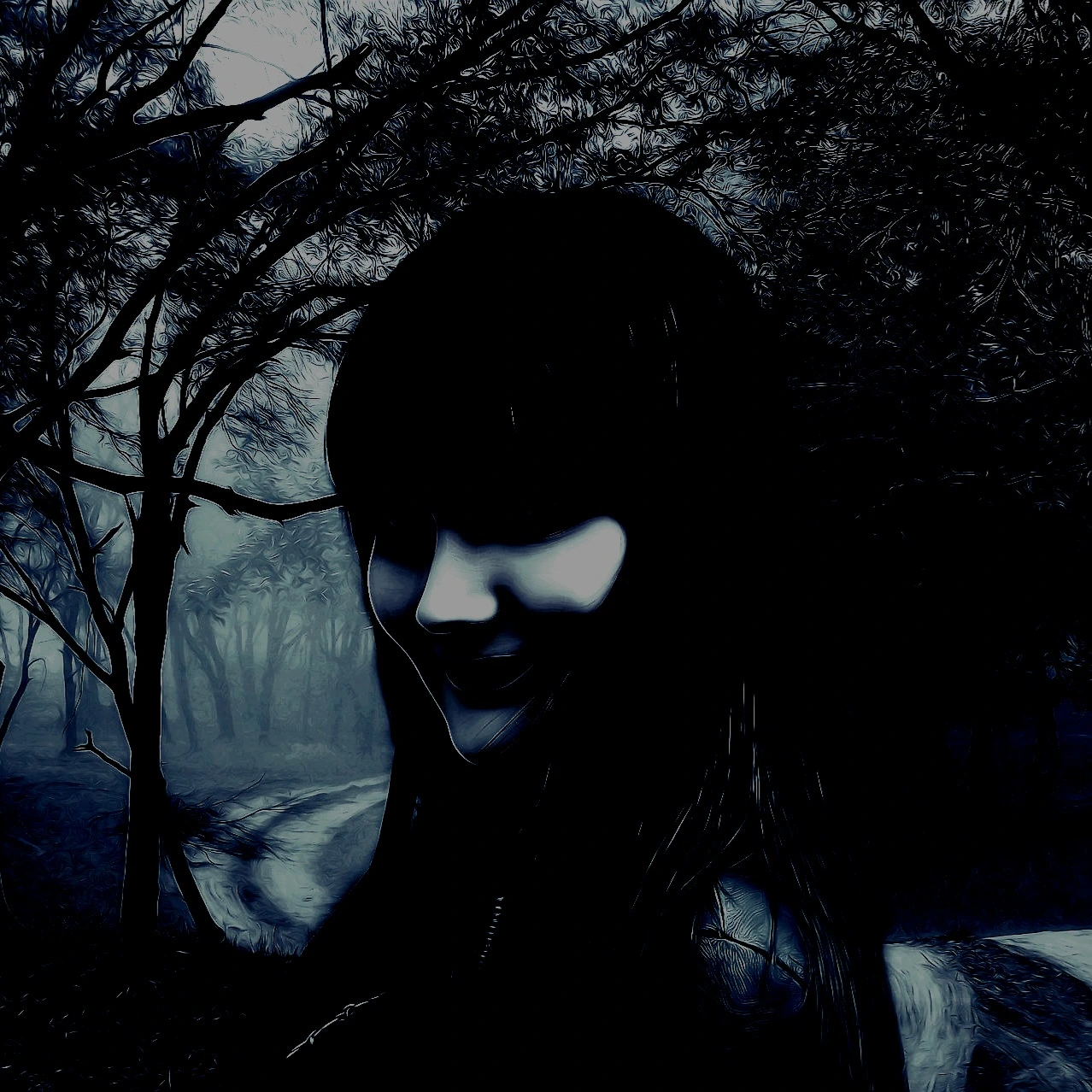 Woman with a shadowed face in a foggy wooded setting, smiling enigmatically, embodying gothic allure.