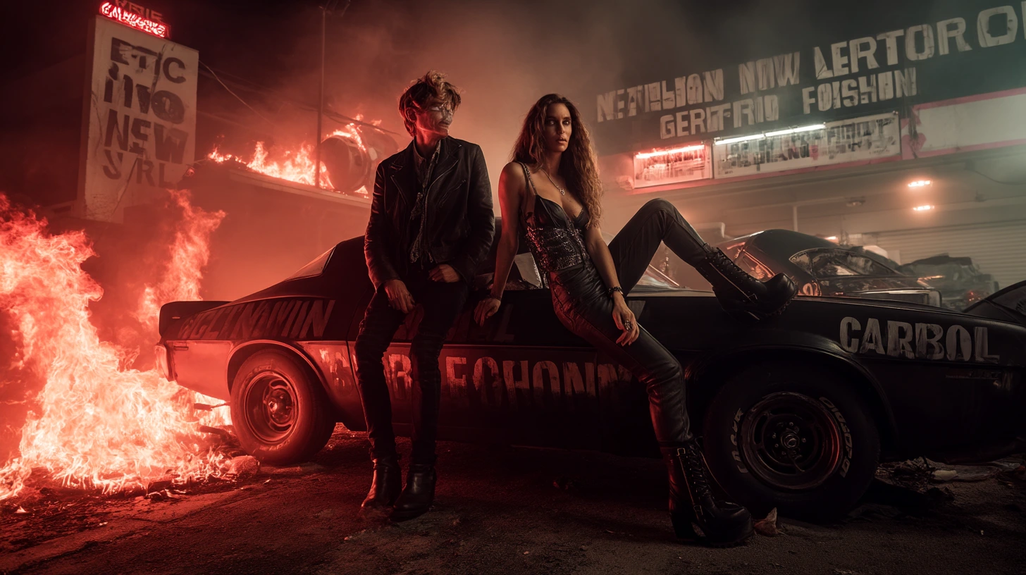 Goth couple sits on a muscle car in front of a fire blazing through signs with fake eco slogans in a chaotic street scene.