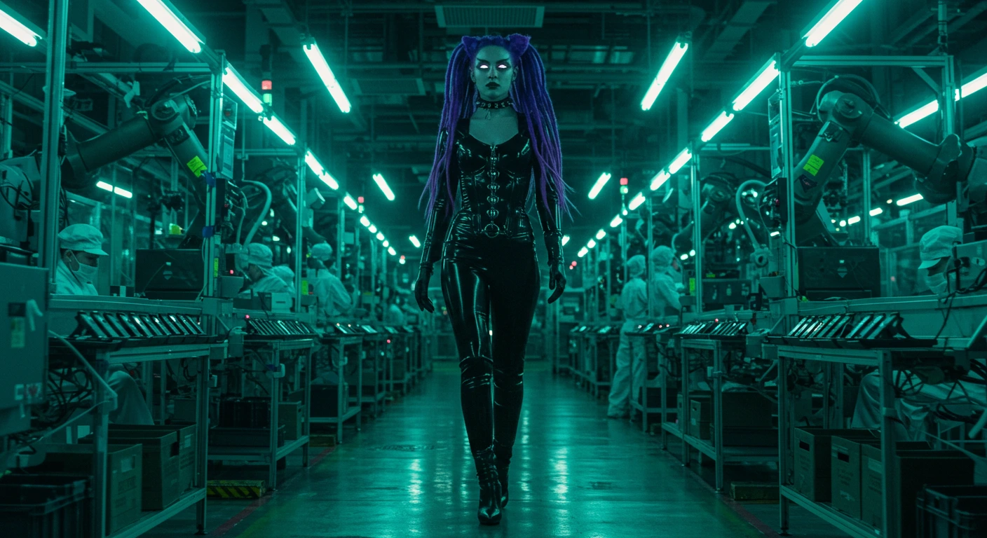 Purple-haired cyber goth woman in latex walks down a high-tech smartphone factory aisle surrounded by masked workers and robotic arms.