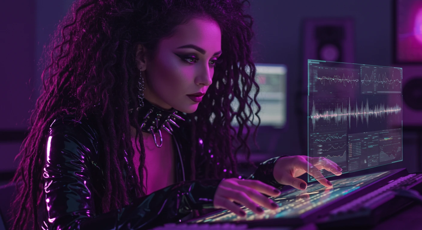 Cybergoth woman with purple dreads manipulating soundwaves on a digital synth surrounded by neon-lit tech.