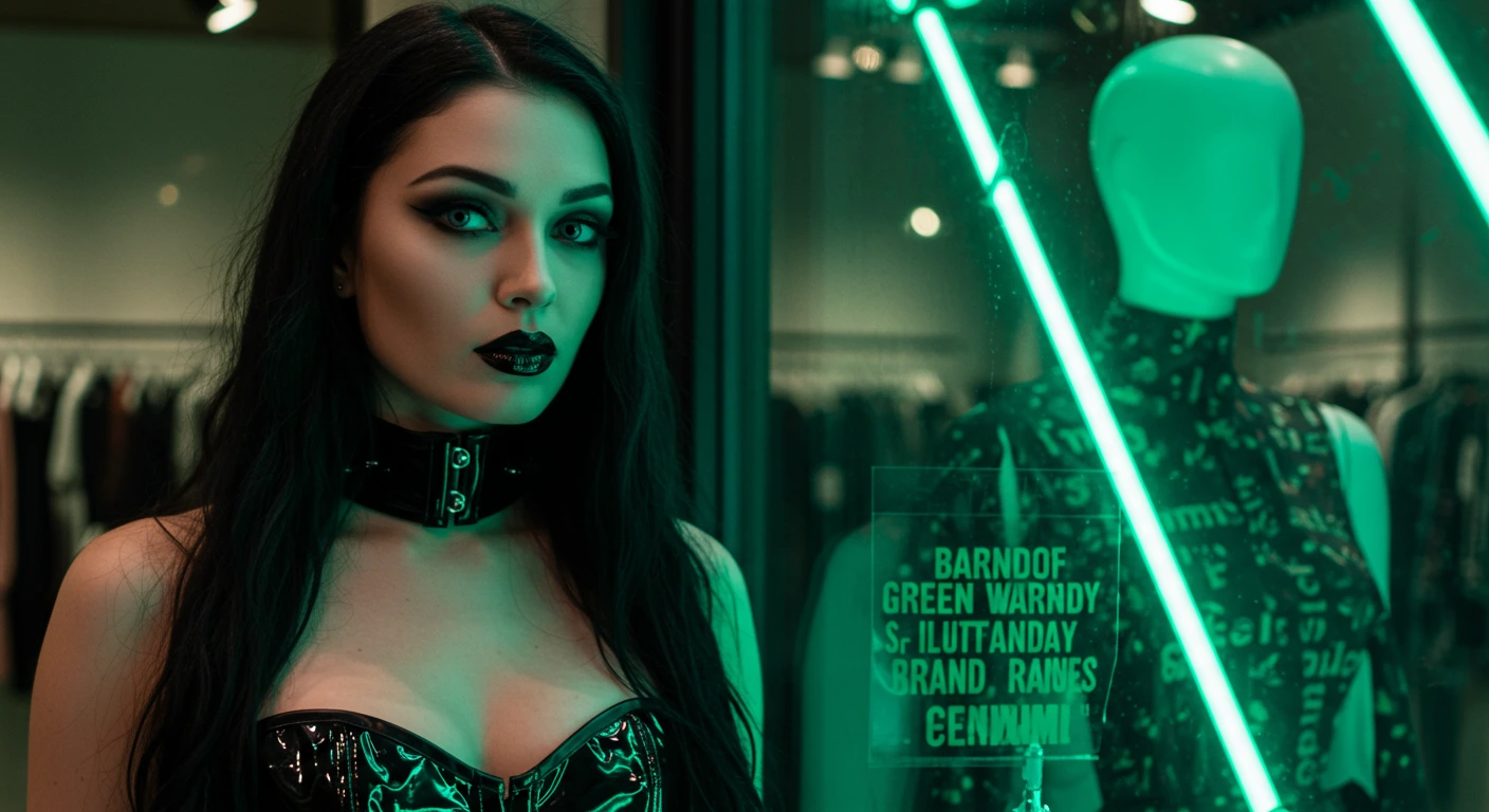 Gothic woman in PVC corset glares in front of a store window with green eco-fashion slogans and neon lights. 