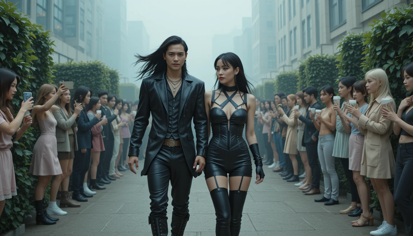 Goth man and woman strut between two rows of influencers filming with phones in a sterile greenwashed city street.