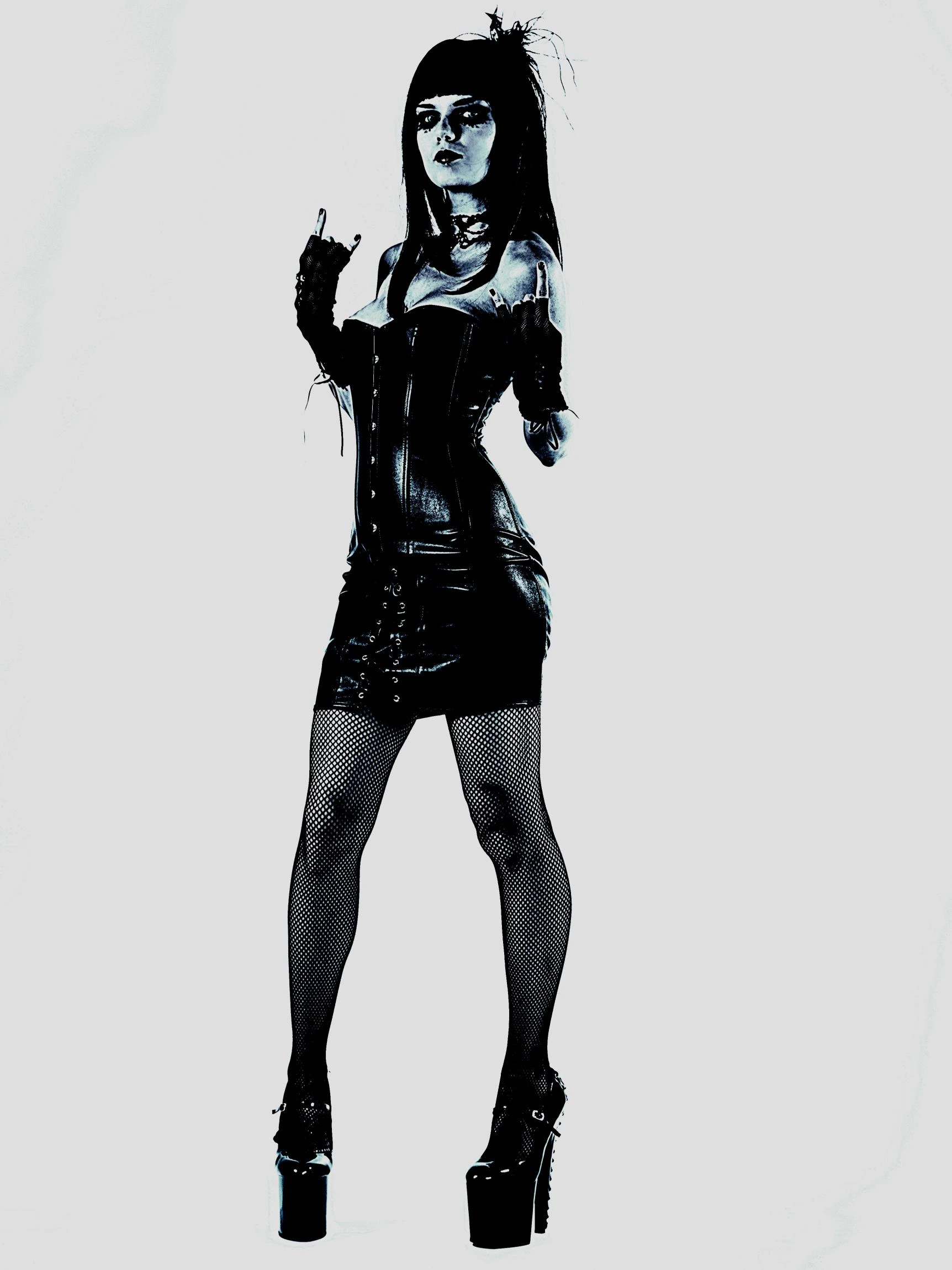 A gothic woman in a tight black corset dress, fishnets, and platform heels, flipping the horns in defiance.