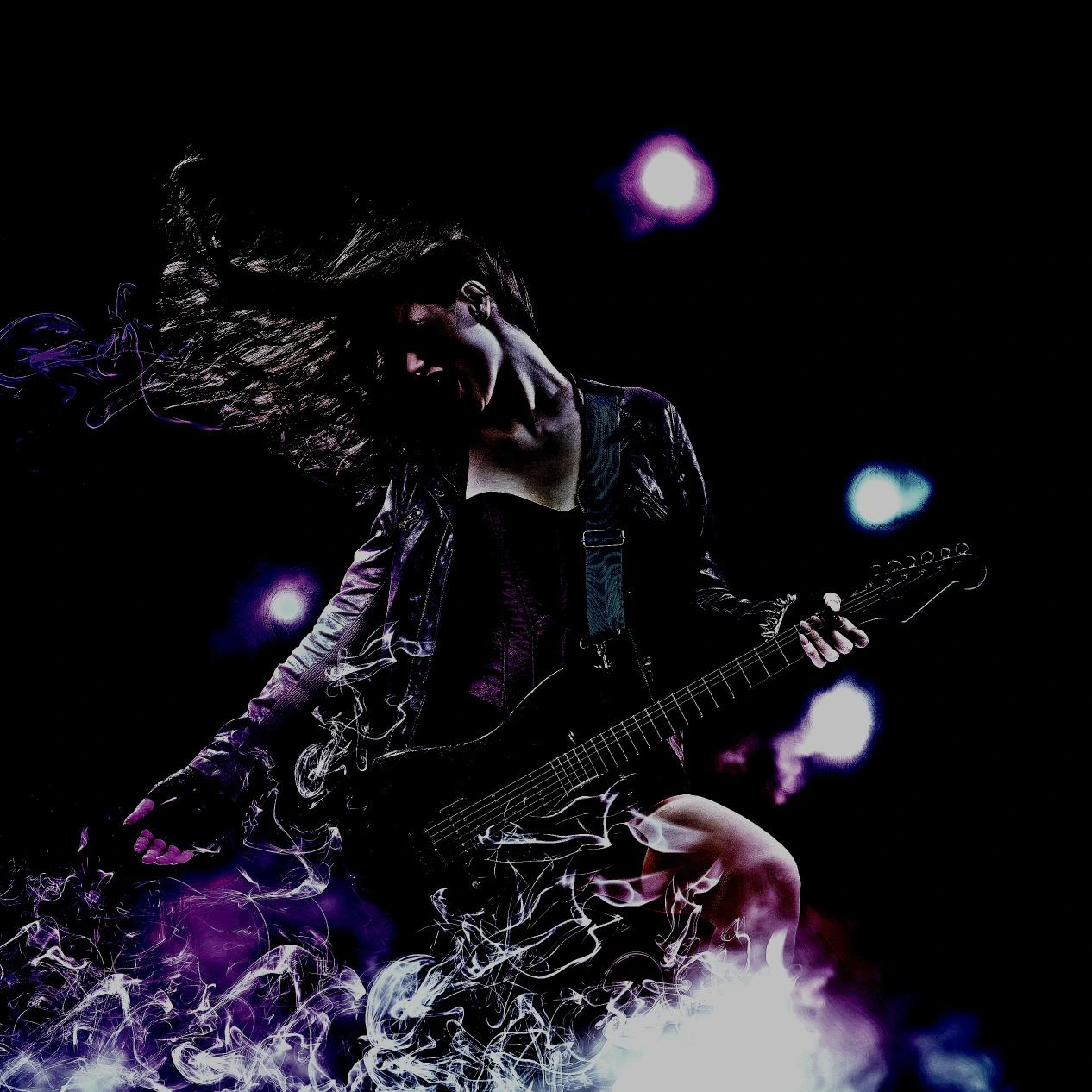 Woman in electric gothic rocker outfit screaming on stage with lightning effects and wild hair.