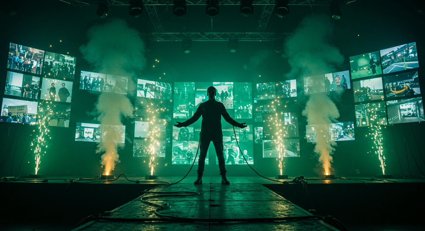 Silhouetted metal vocalist stands on a stage surrounded by green digital protest screens and pyrotechnics, holding cables like weapons of defiance.