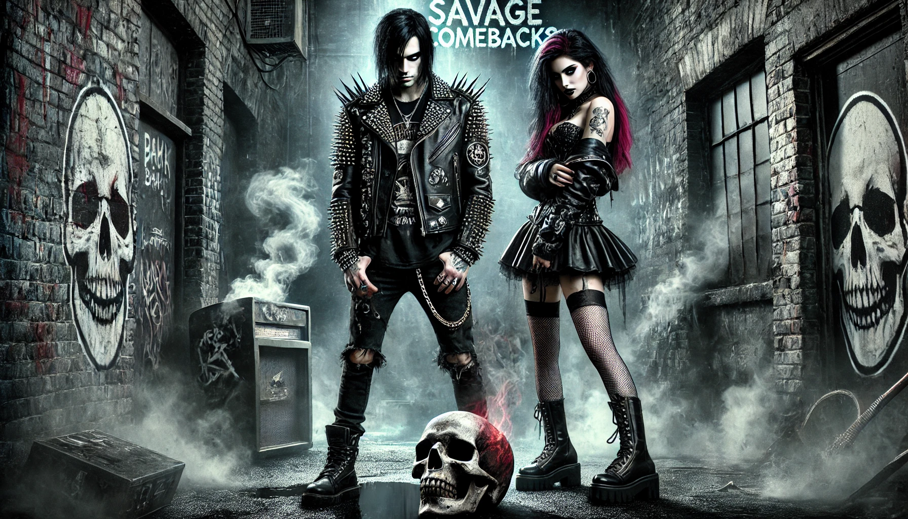 Two figures standing in a dark, misty alley with skull graffiti on brick walls, cracked skulls on the ground, and a sense of raw, rebellious energy.