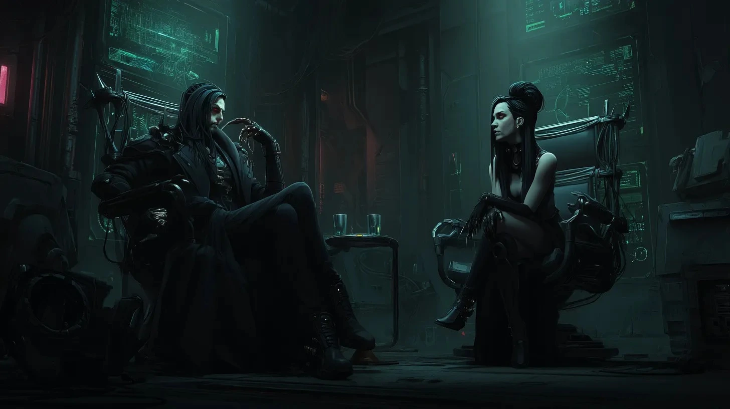 Gothic couple stand before a burning cathedral with glitching windows under blazing red anti-human AI war text.