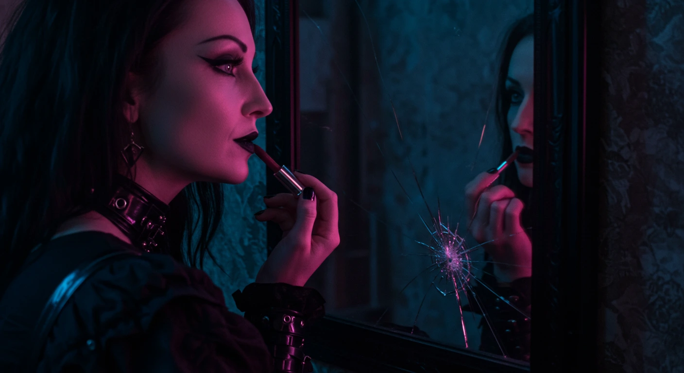 Goth woman in her 40s applying black lipstick in a cracked mirror with neon lighting.