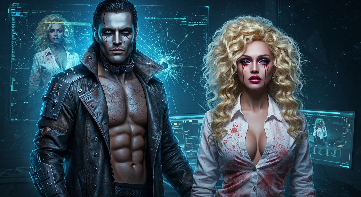 Cyberpunk man with face paint and a blonde woman in a bloodied shirt stand before a shattered screen wall.