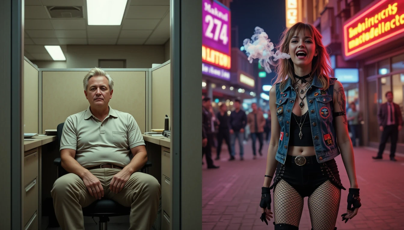 Split screen of office man in beige and punk woman in fishnets on a neon-lit street.