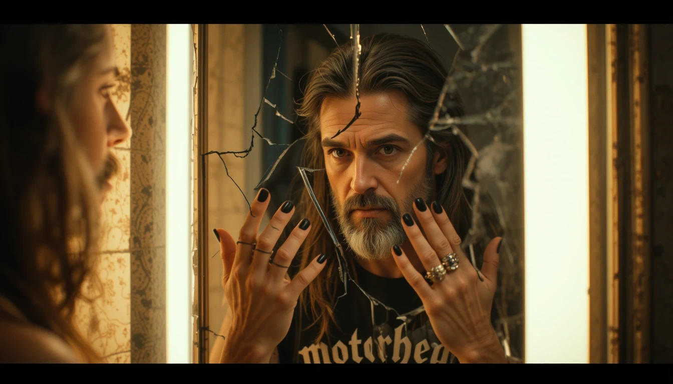 Middle-aged man with black nails stares into a cracked mirror wearing a Motorhead shirt.
