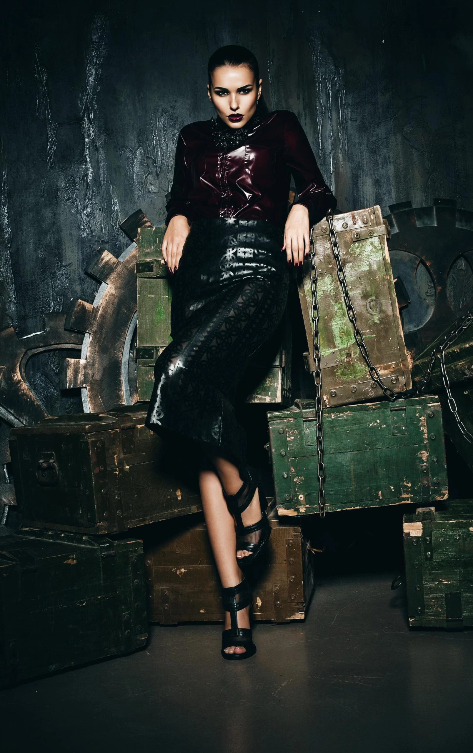 Woman with slicked hair and dark lipstick wearing leather pencil skirt in industrial fashion shoot