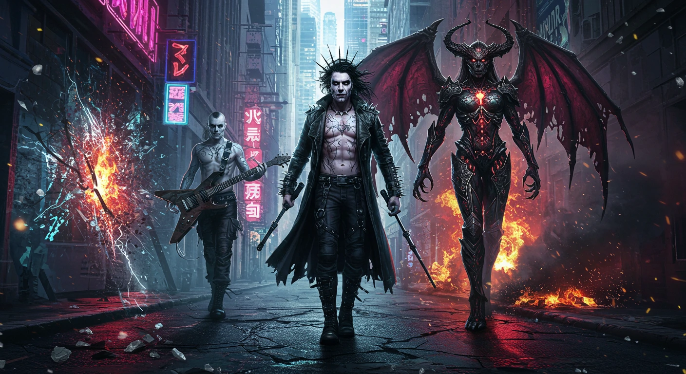 Three gothic warriors—guitarist, demon, and pyro siren—walk through a collapsing neon city engulfed in digital fire.