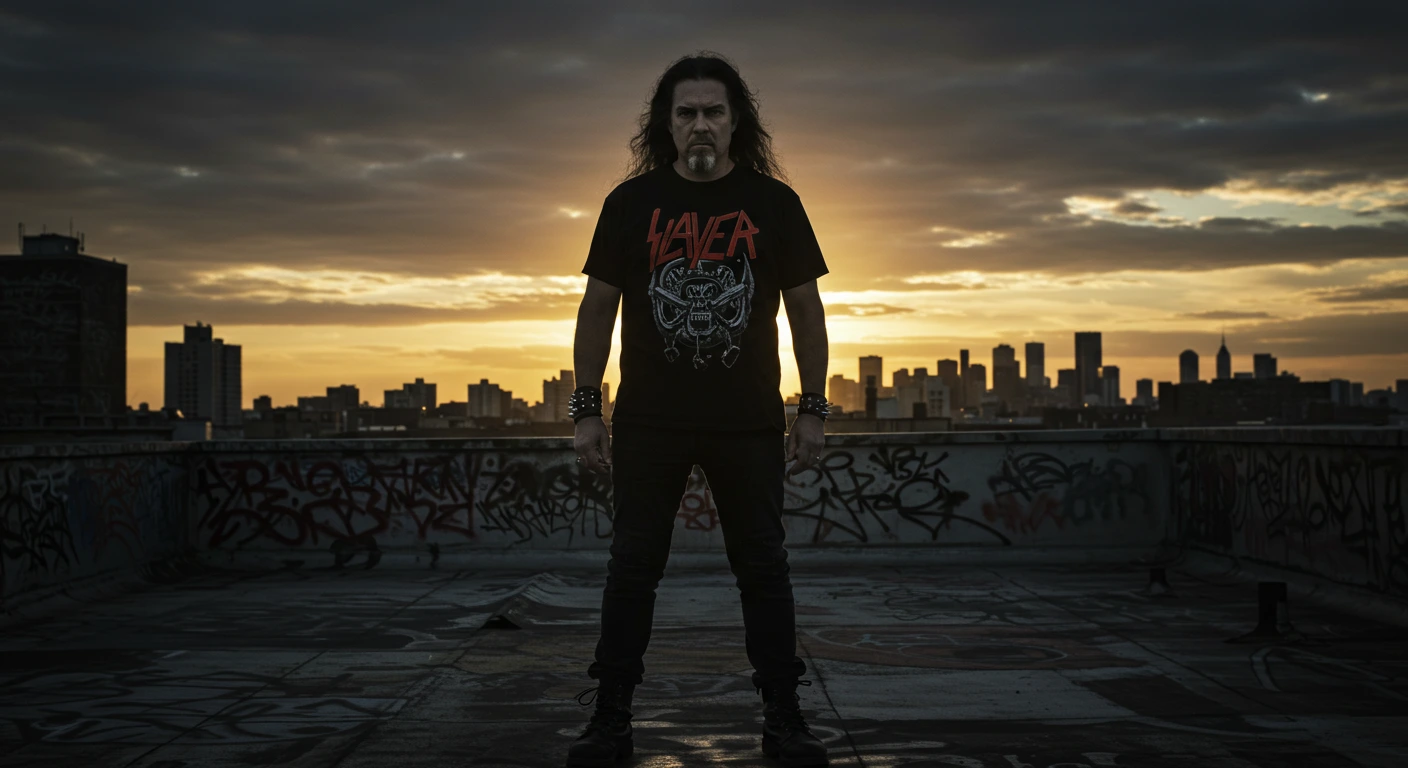 Middle-aged man in a Slayer shirt stands defiantly on a rooftop at sunset.