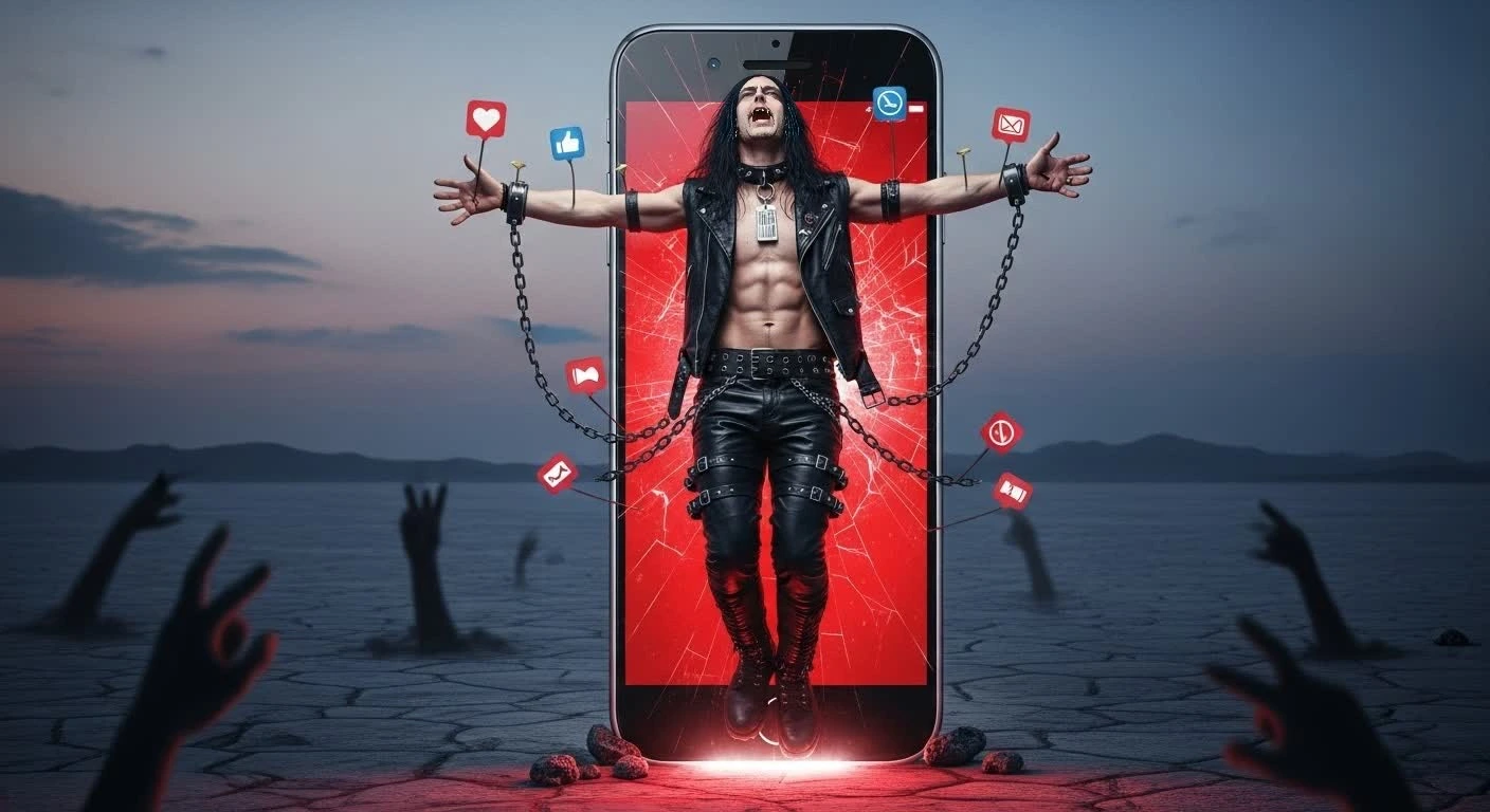 Black metal man chained to giant cracked smartphone, screaming in digital crucifixion, social icons glowing