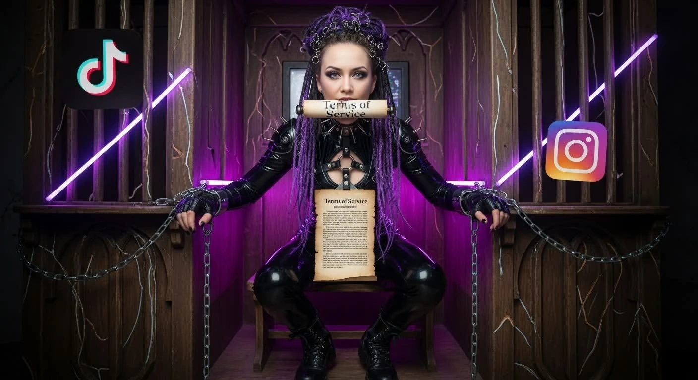 Cyber goth woman gagged with Terms of Service scroll, chained to social media logos in digital confessional
