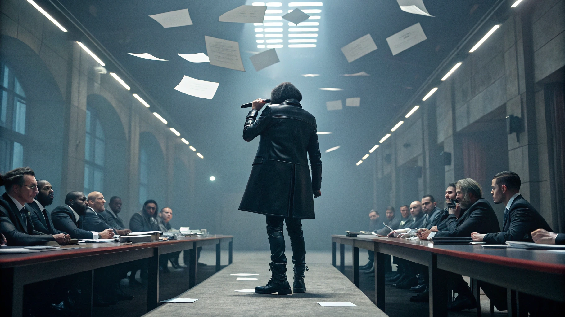Artist standing on boardroom table confronting music industry suits