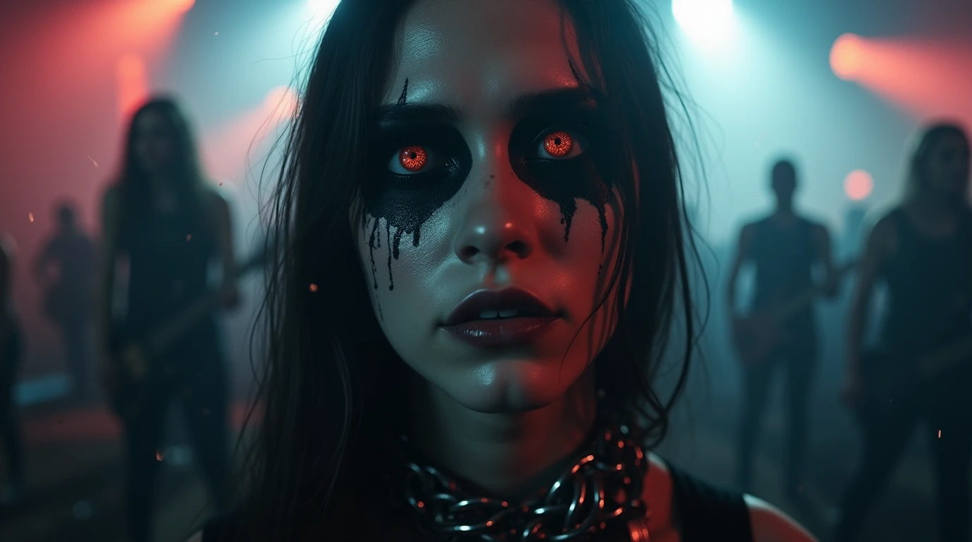 Fan with corpse paint and glowing red eyes in concert crowd