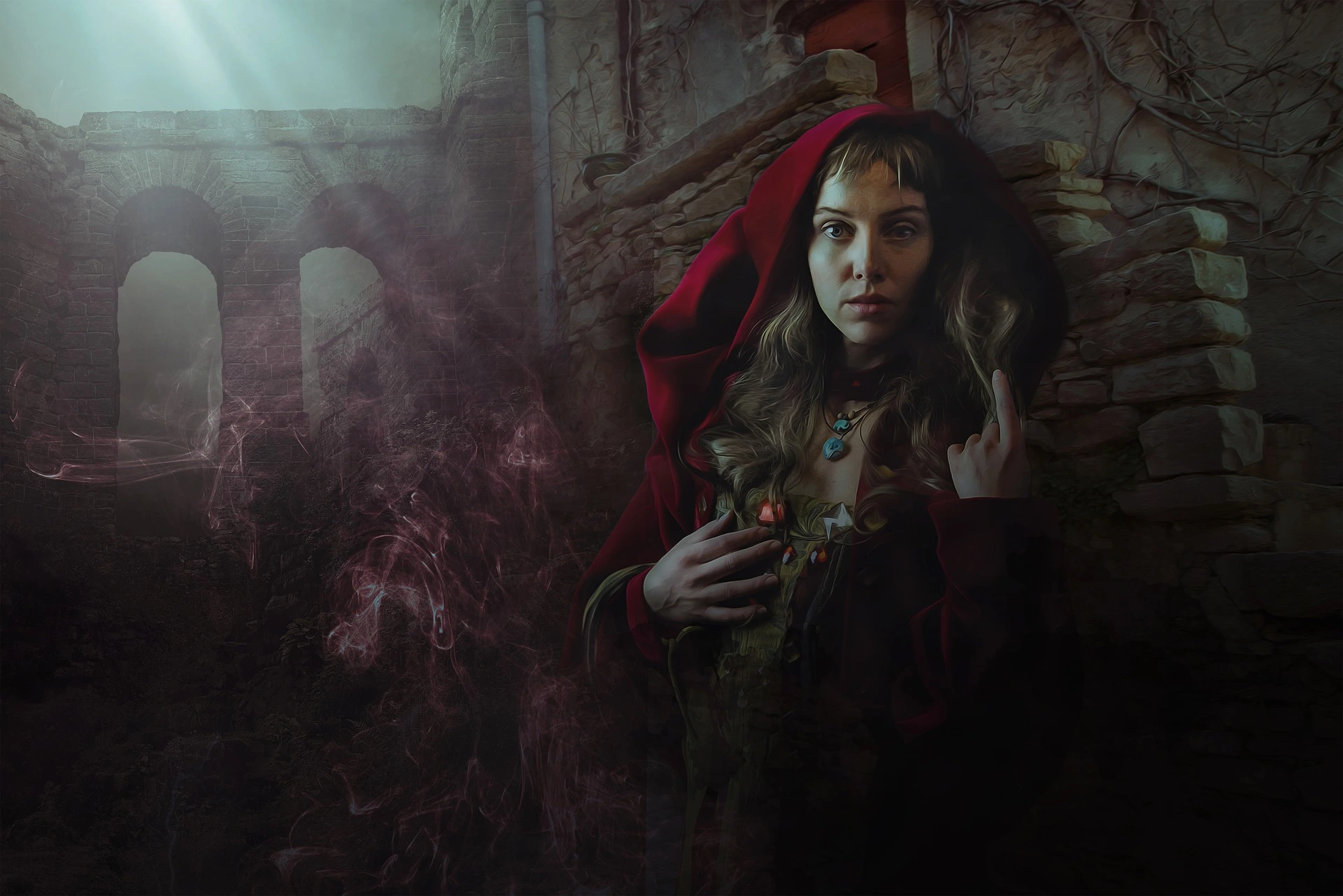 Woman in red cloak standing in gothic ruins with mist, flowers on dress, and a fierce stare.
