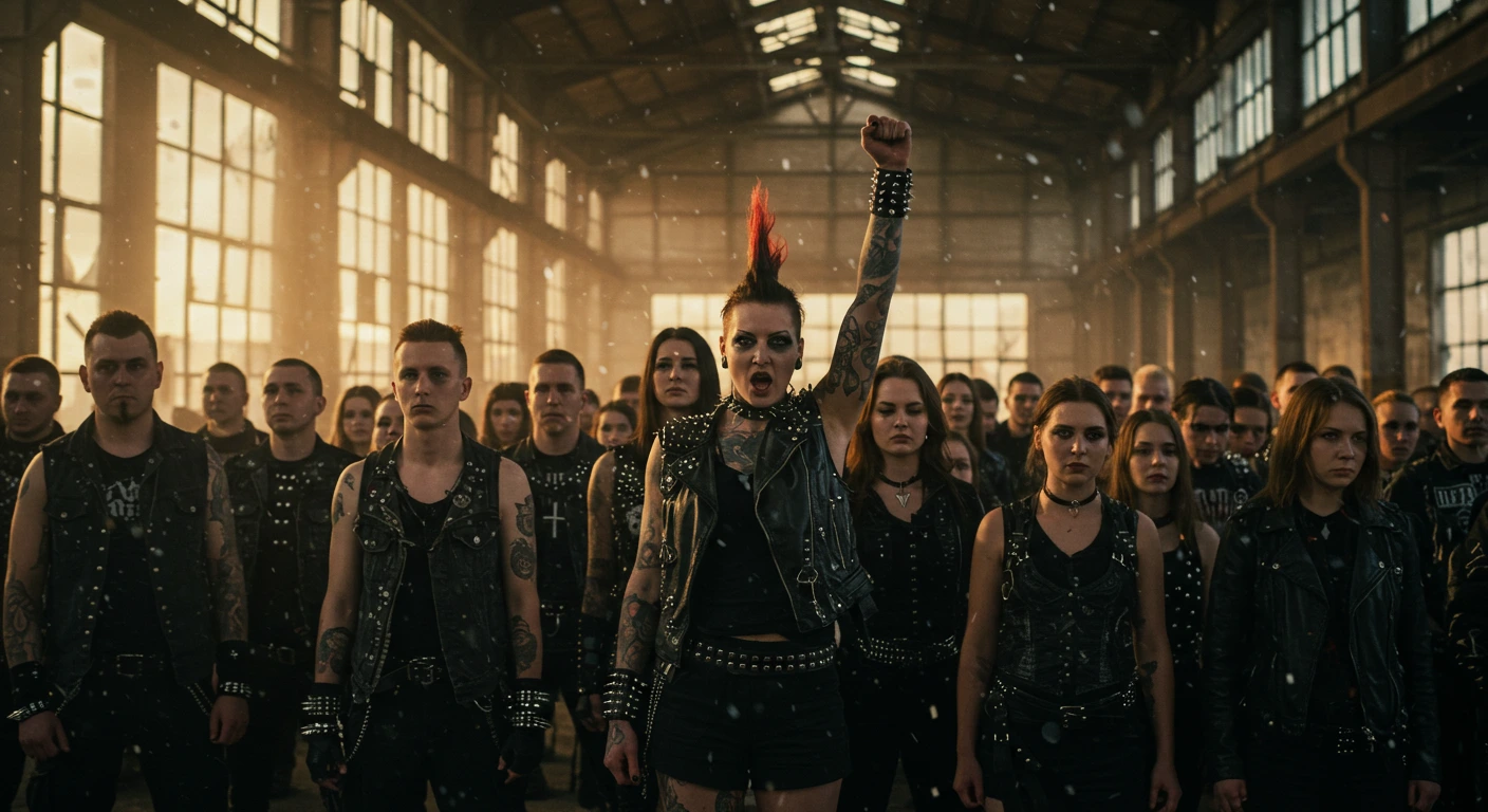 Punk crowd in warehouse led by woman raising her fist