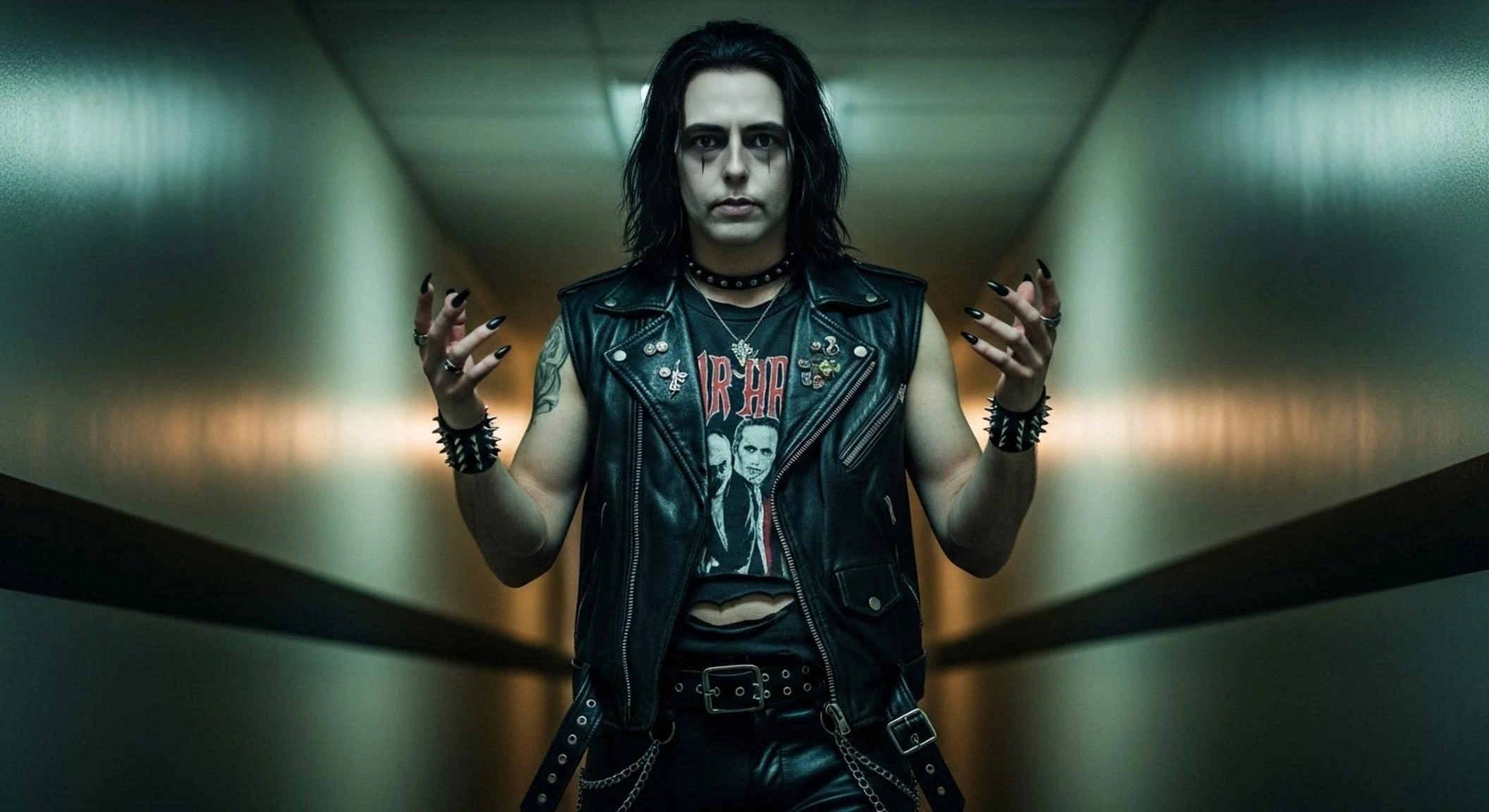 Gothic male rocker with long black hair and spiked leather vest standing in a moody hallway with hands raised in defiance.