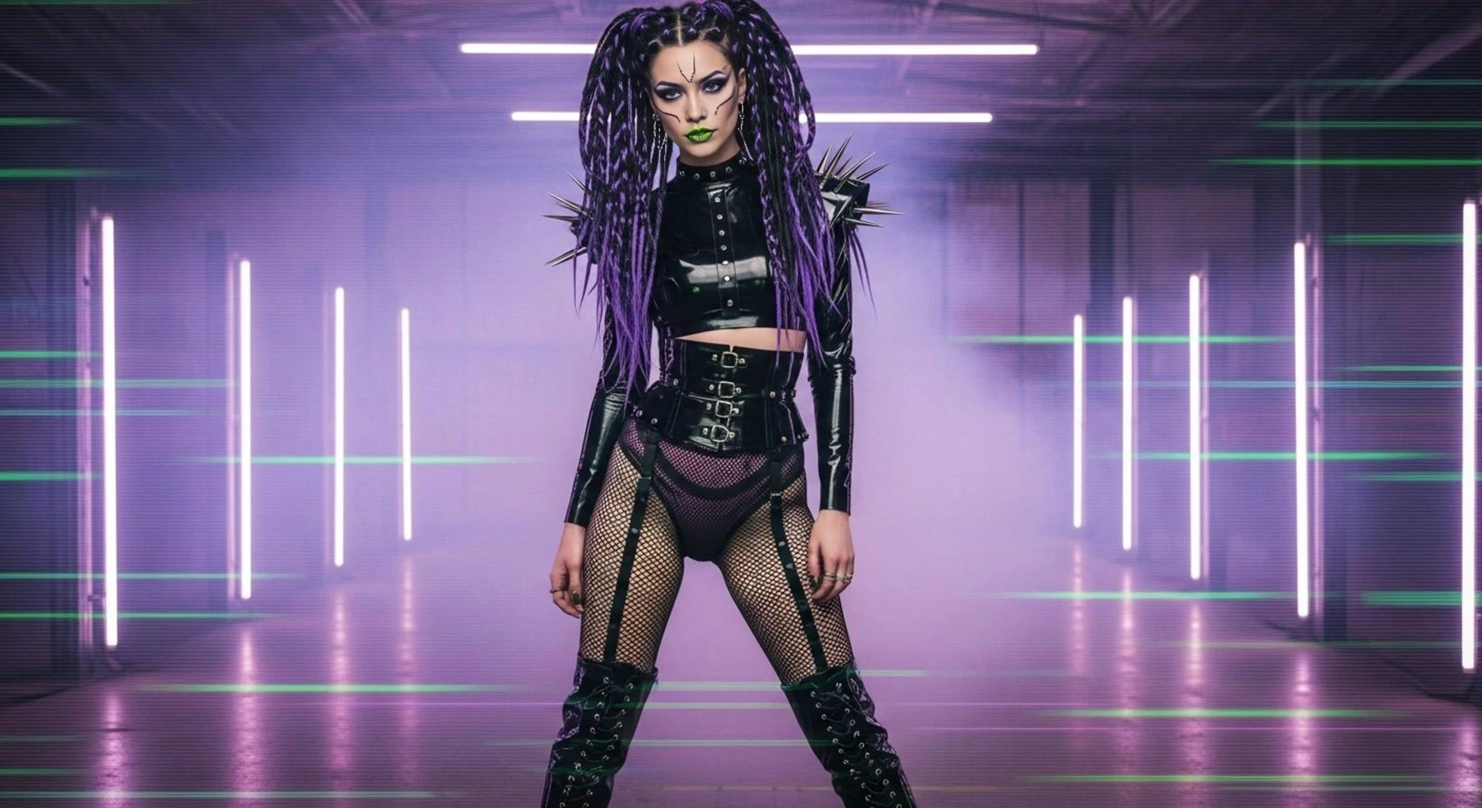 Cyber goth woman with purple dreadlocks and black latex outfit posing in neon-lit warehouse with glitch effects.