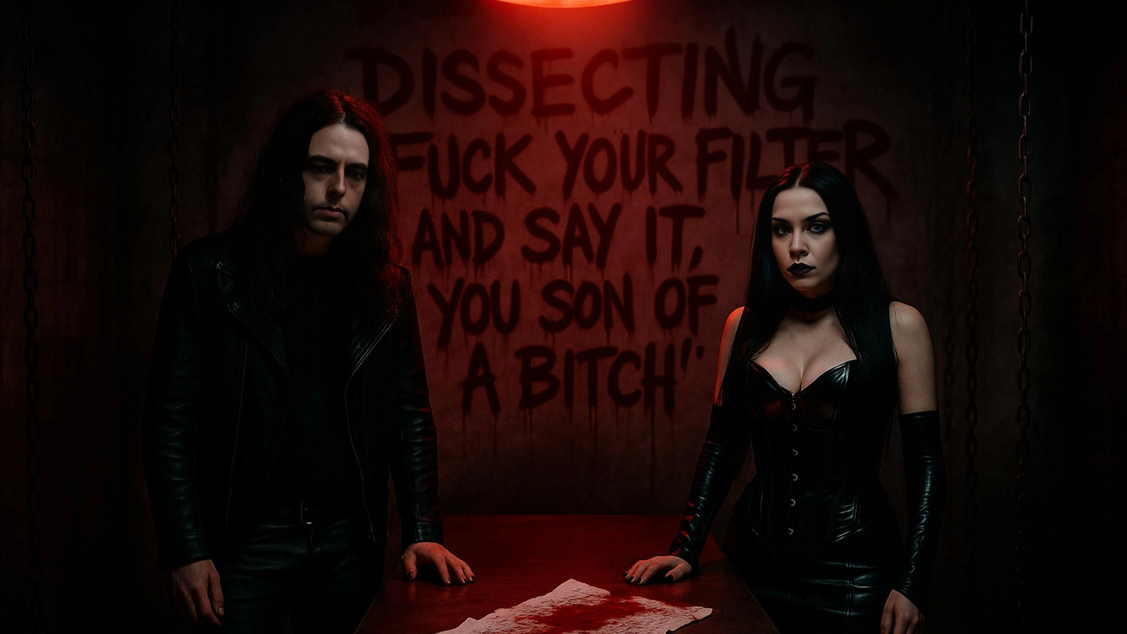 Xavi and Lina standing in red-lit interrogation room with graffiti: “Dissecting F*** Your Filter and Say It, You Son of a B****.”