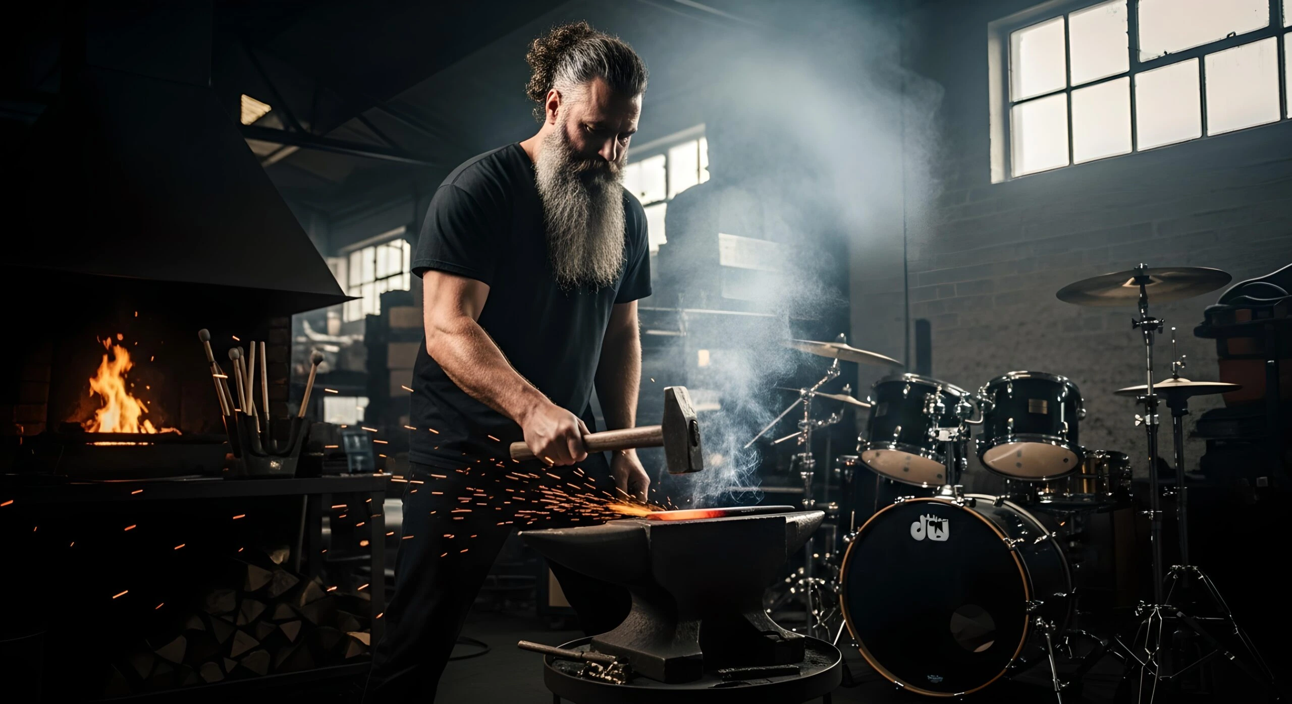 Bearded drummer forging metal at anvil in a warehouse forge, sparks flying beside a drum kit.