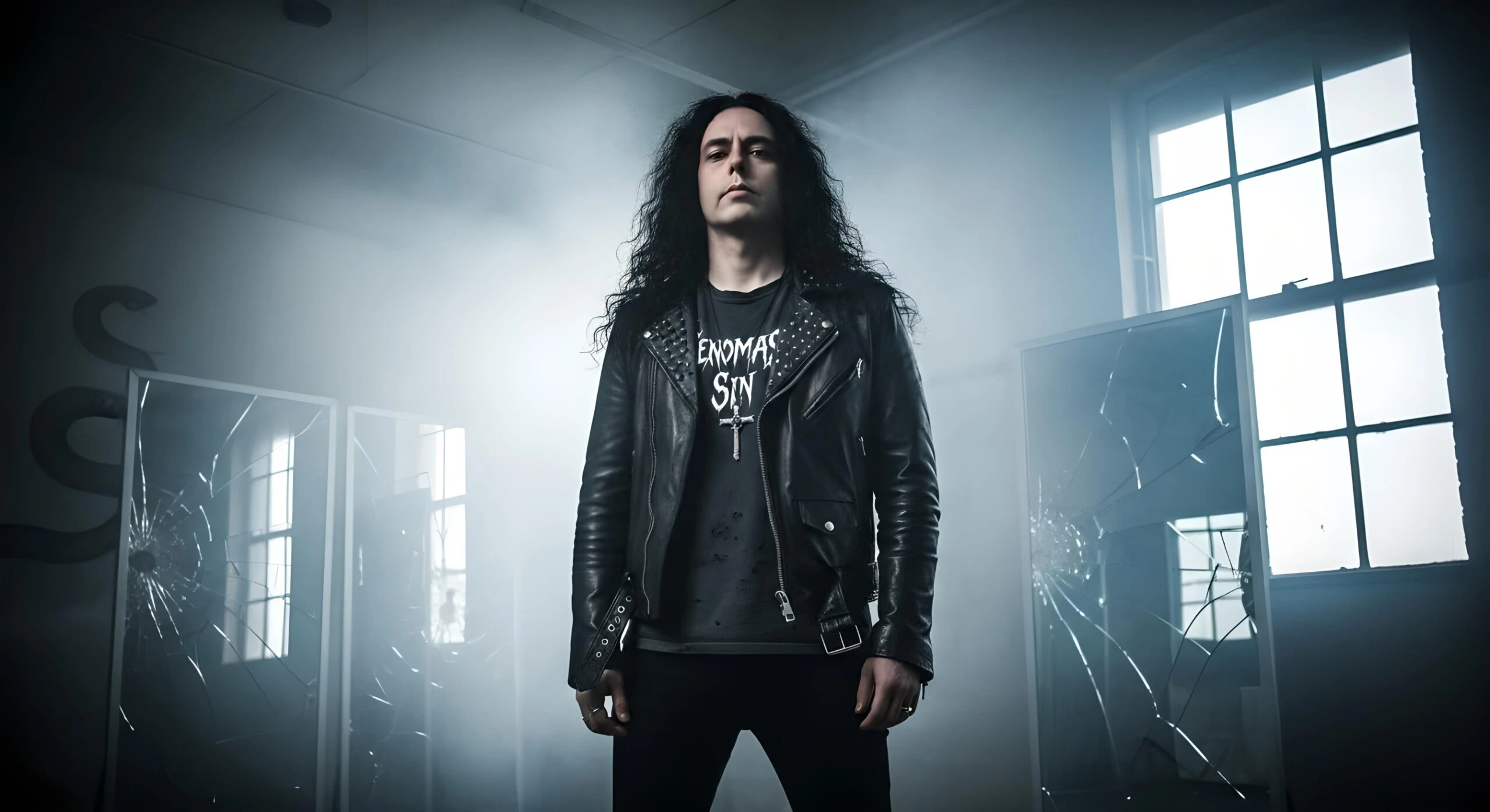 Blackmetalhead man in a hazy studio, shattered mirrors and serpent motif behind, defiant front-facing stance.