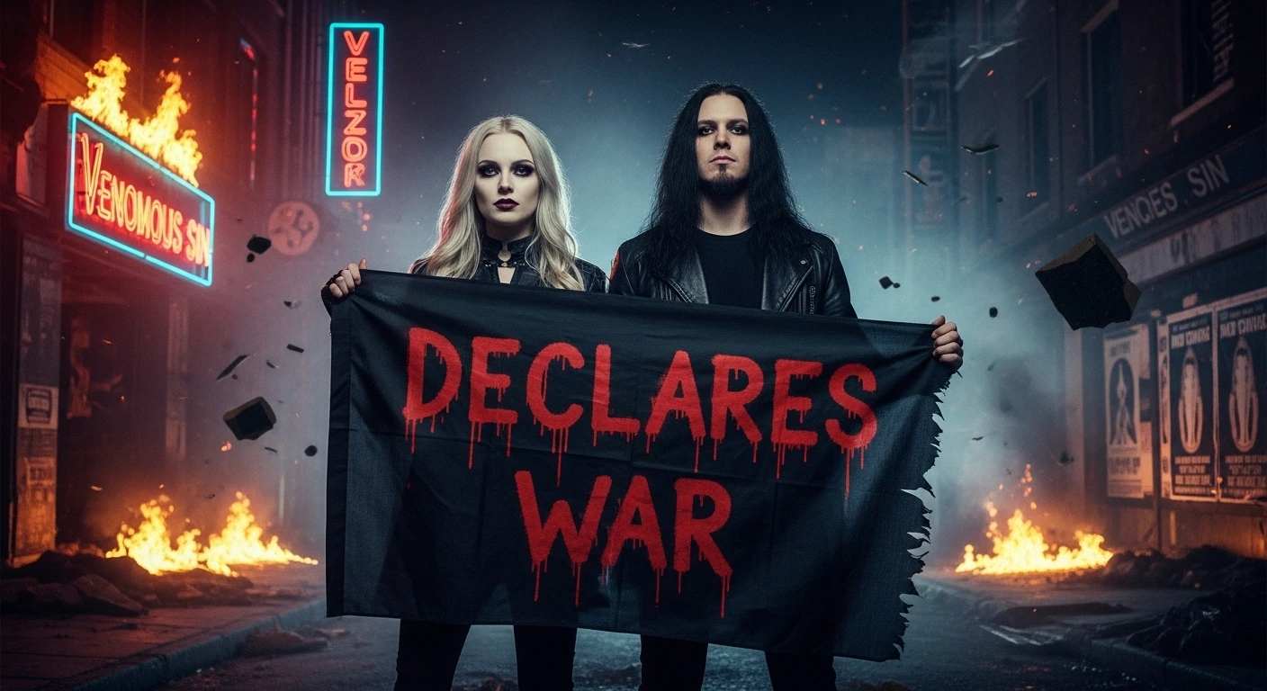 A man and woman in black leather holding a torn banner reading “DECLARES WAR” in front of a burning street with Venomous Sin neon signs.