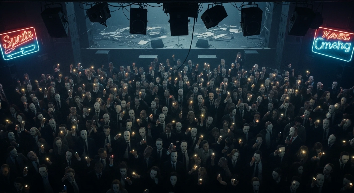 Faceless crowd of masked suits at a dead concert, symbolizing fake rebellion in metal.