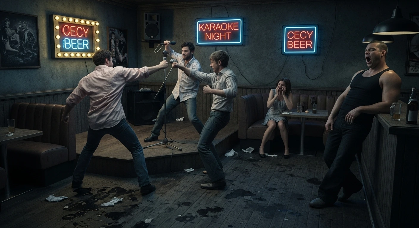Bar fight scene during karaoke night, drunken men fighting while others ignore it.