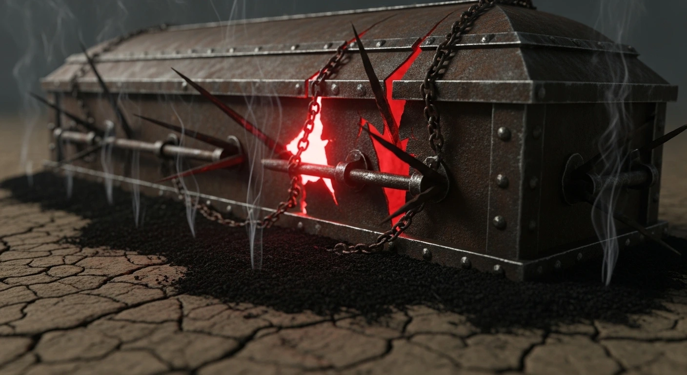 Rusted coffin glowing with red light and spikes breaking through, symbolizing death of mainstream metal.