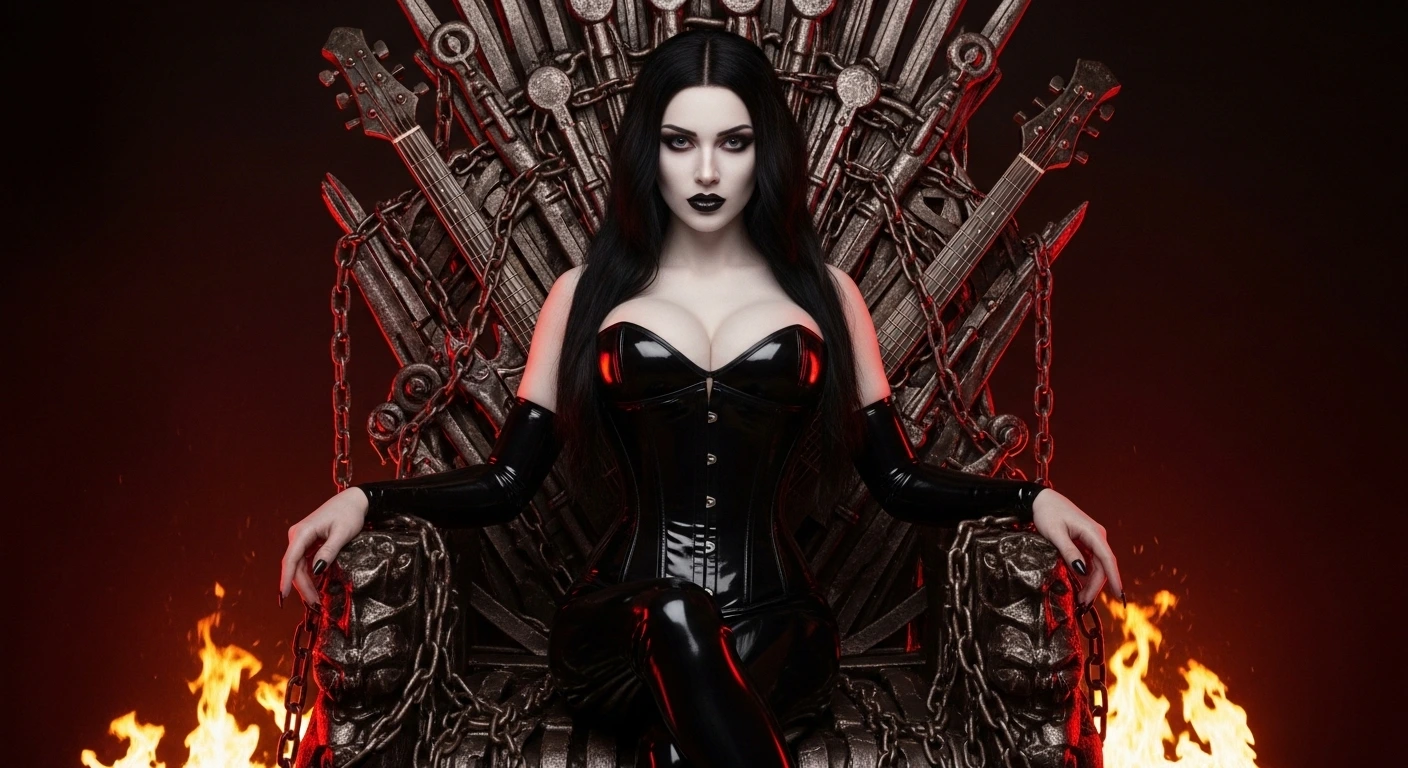 Gothic woman on throne of broken guitars and chains, fire glowing around her.